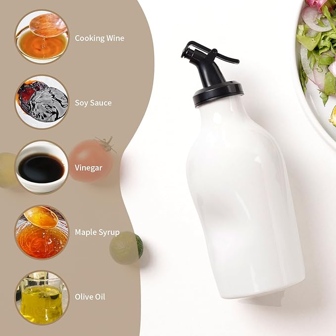 Ceramic Oil Dispenser Bottle with Acrylic Spout - Mini Kitchen Oil & Vinegar Cruet for EVOO, Avocado Oil - Easy-Grip Design, Compact Size 285ml - (White)