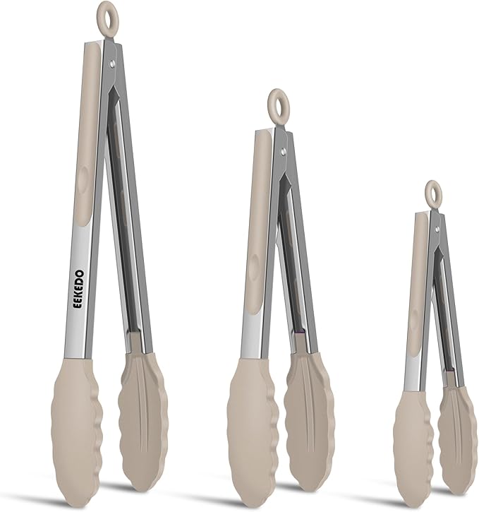 Kitchen Tongs, Stainless Steel Cooking Tongs with Silicone Tips, 600ºF High Heat-Resistant Non Scratch Locking Tongs for Cooking BBQ Grilling Air Fryer Pans, Set of 2 (7" 9" and 12") Beige