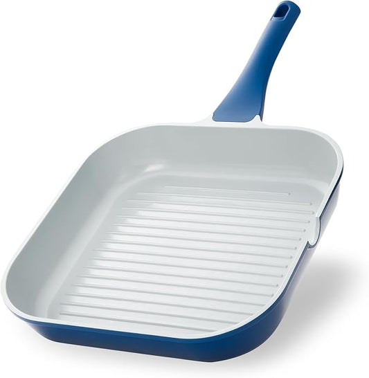 KOCH SYSTEME CS 11 Inch Nonstick Grill Pan for Stove Tops, Square Pan with Pour Spouts, Square Frying Pan for Indoor Cooking, Grill Skillet with Bakelite Handle, PTFE & PFOA Free, Blue
