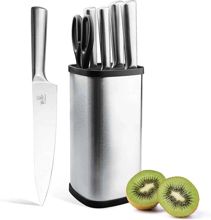 CHUSHIJI 6-Piece Silver Kitchen Knife Set | One-Piece Stainless Steel, Ultra-Sharp, Anti-Rust, Ergonomic Grip Knives with Universal Knife Block for Home Cooks & Beginners (silver)