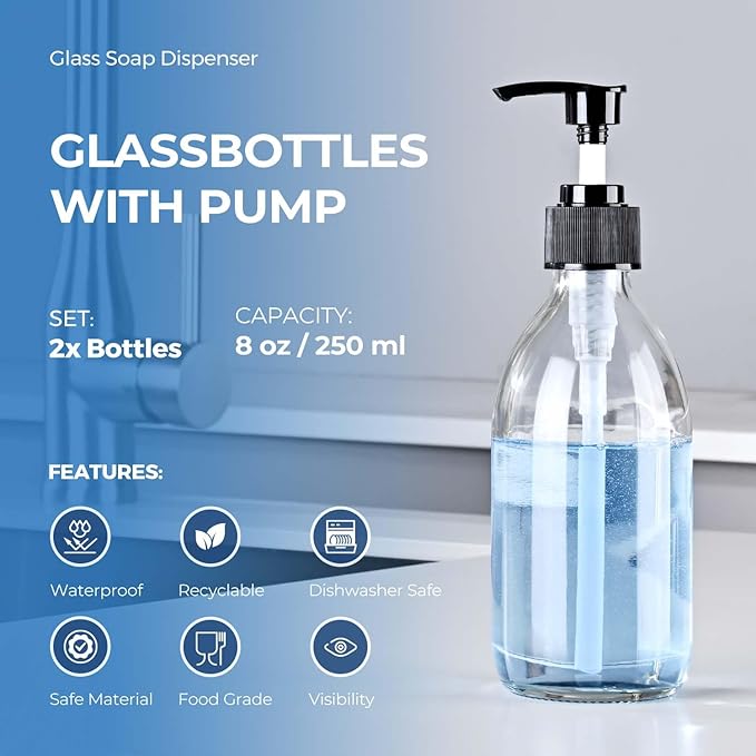 8 oz Clear Glass Pump Bottle, 250ml Small Lotion Dispenser Bottle for Body Massage Oil, Refillable Empty Hand and Dish Soap Dispensers Set with Storage Caps, Labels - 2 Pack