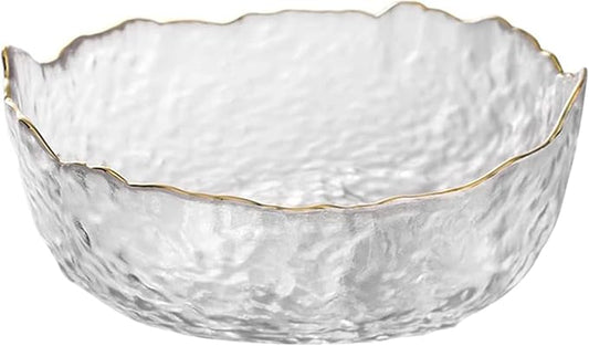 Glass Salad Bowl Irregular Lotus Flower Shape Serving Bowls, Mixing Nut Bowls for Kitchen Fruist, Snack, Dessert, and Ice Cream Candy Dishes (Crystal Clear with Gold Rim, Medium)