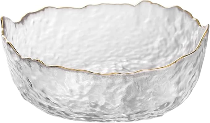 Glass Salad Bowl Irregular Lotus Flower Shape Serving Bowls, Mixing Nut Bowls for Kitchen Fruist, Snack, Dessert, and Ice Cream Candy Dishes (Crystal Clear with Gold Rim, Large)