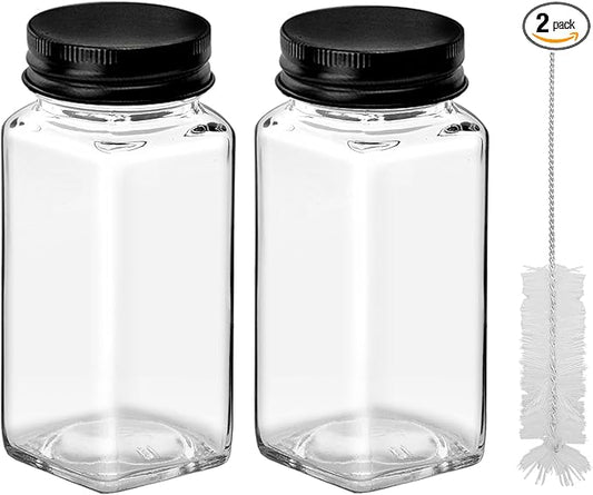 2Pcs 4oz Glass Spice Jars with Shaker Lids, Spice Jars Trial Set & Supplement Set, Empty Spice Containers and Square Spice Bottles for Kitchen (black iron Lids)