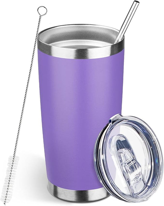 20oz Tumbler Bulk with Lid and Straw, Stainless Steel Double Wall Vacuum Insulated Travel Mug, Powder Coated Coffee Cups for Hot and Cold Drinks,Funny Gifts for Women Men(Purple,1)