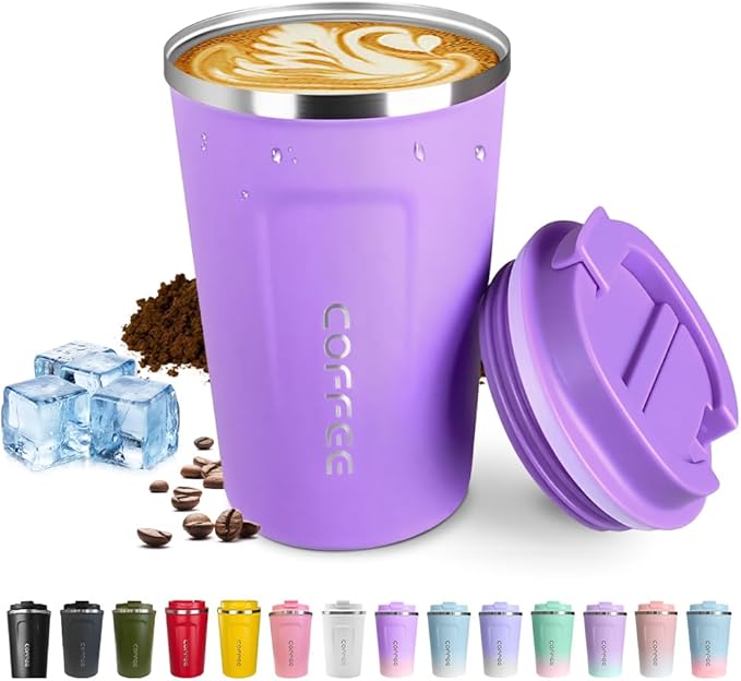 Travel coffee mugs leak-proof, reusable coffee cup with lid, stainless steel vacuum insulated coffee tumblers, thermal insulation cups for men & women keep drinks hot & cold (2nd-Purple, 12OZ)