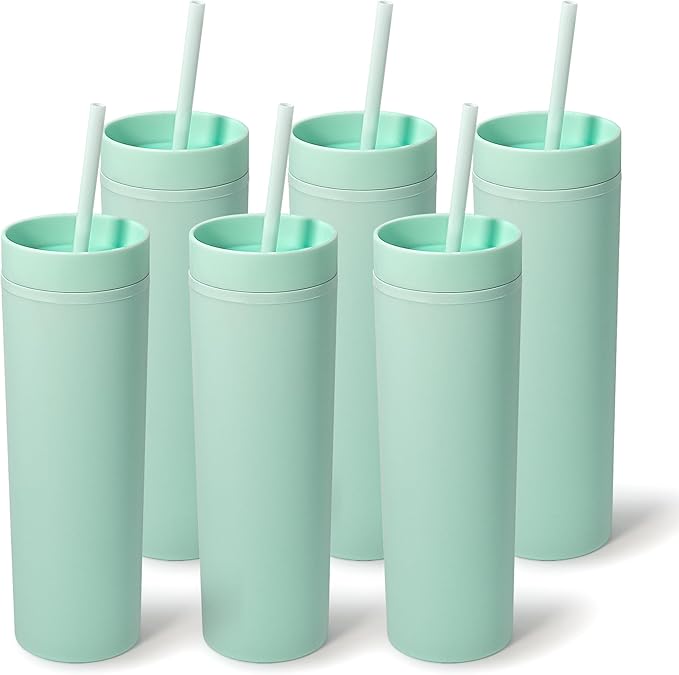 sweet grain Skinny Tumblers with Lids and Straws(6 Pack) - 16oz Matte Pastel Colored Skinny Acrylic Tumblers, Double Wall Plastic Tall Skinny Tumblers Bulk for Cold Hot Drinks - Mint Green