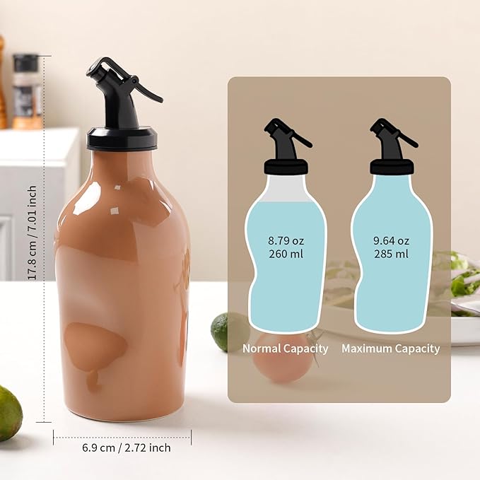 Ceramic Oil Dispenser Bottle with Acrylic Spout - Mini Kitchen Oil & Vinegar Cruet for EVOO, Avocado Oil - Easy-Grip Design, Compact Size 285ml (Glossy Brown)