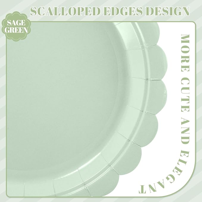 30 Pcs Sage Green Paper Plates 9 Inch Disposable Scalloped Easter Plates Cute Dessert Cake Plate Party Dinner Plate for Baby Shower, Wedding, Bridal Shower