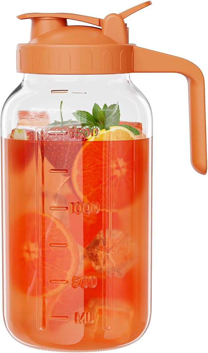 Glass Mason Jar Pitcher, 64 oz Wide Mouth Jug with Pour Spout Handle Lid for Cold Brew Coffee, Ice Beverage, Iced Juice, Lemonade, Sun Tea, Fruit Drinks Container(Orange)
