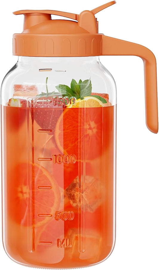 Glass Mason Jar Pitcher, 64 oz Wide Mouth Jug with Pour Spout Handle Lid for Cold Brew Coffee, Ice Beverage, Iced Juice, Lemonade, Sun Tea, Fruit Drinks Container(Orange)