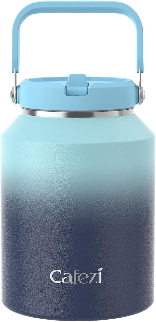 Half Gallon Insulated Water Bottle with Flip Straw, Vacuum Insulated Stainless Steel Jug with Top Handle, Leak-Proof Lid, Sweat-Free, Wide Mouth, Keeps Ice Cold up to 34 Hours