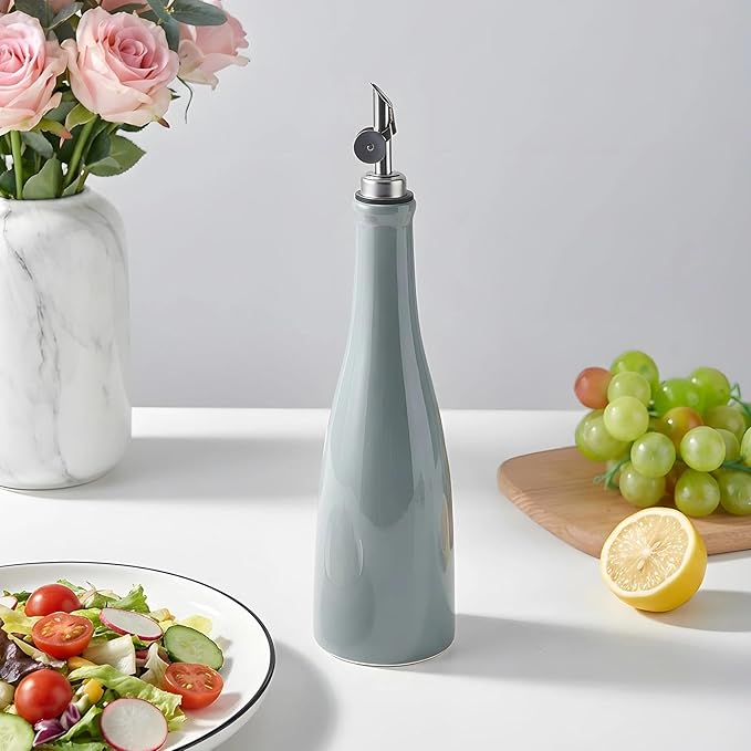 YOLIFE Olive Oil Dispenser Bottle, 20oz Ceramic Oil Dispenser for Kitchen, Oil Bottle with Gravity Spout, Leak Proof EVOO Dispensing Bottle with 2 Spouts and 1 Funnel for Vinegar, Juice(Gray)
