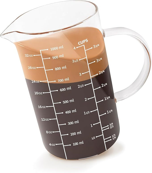 Newness Glass Measuring Cup with Handle, 1000 ML (1 Liter, 4 Cup) Measuring Cup with Three Scales (OZ, Cup, ML/CC) and V-Shaped Spout, Measuring Beaker for Kitchen or Restaurant, Easy to Read