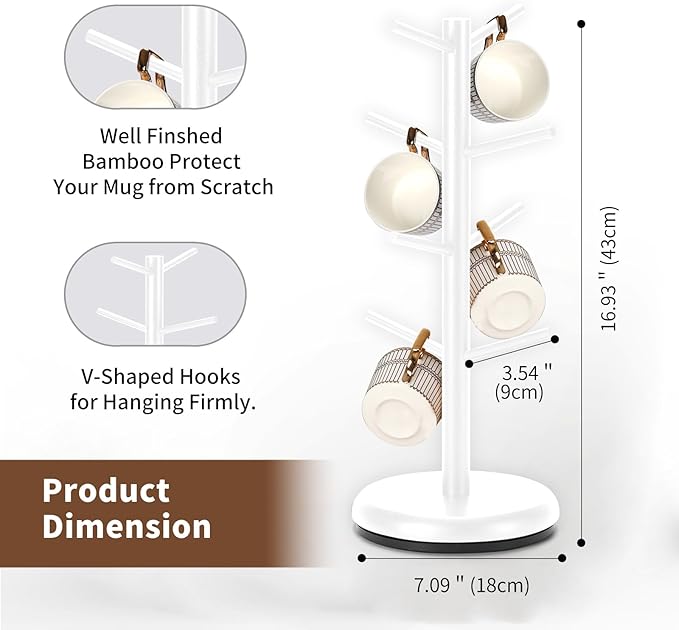 BAMBANG Mug Holder Tree, 360° Rotating 8 Hooks Coffee Cup Holder for Counter, Bamboo Coffee Mug Rack Standing for Kitchen Countertop Home (White)