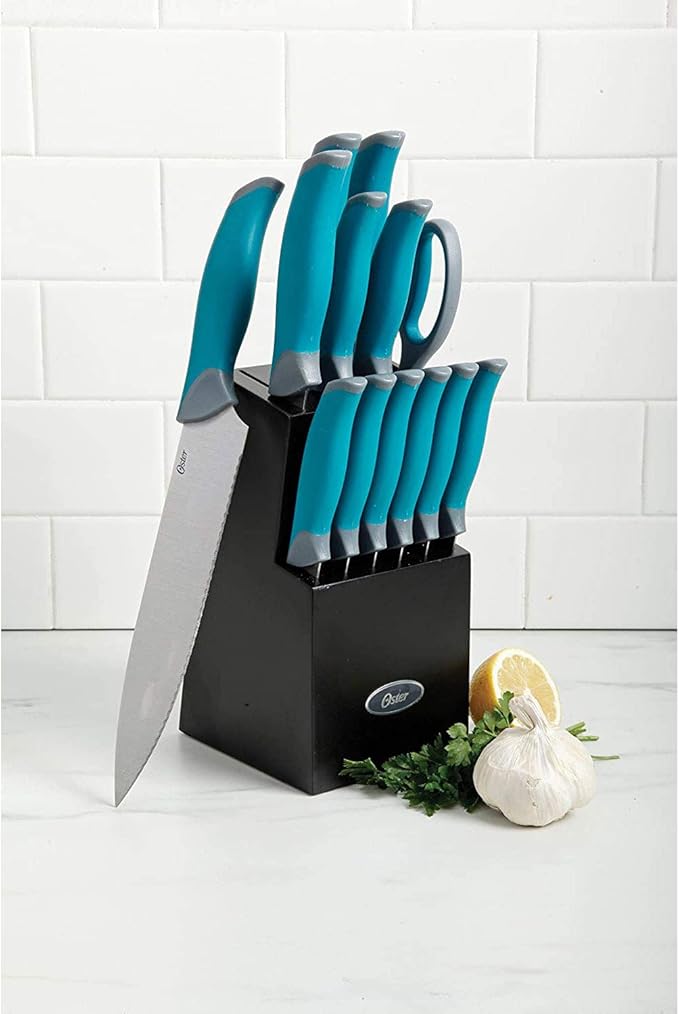 Oster 81007.14 Lindbergh 14 Piece Stainless Steel Cutlery Set Black Block With Sharpener, Teal Handle Kitchen Knives Set,Teal/Black