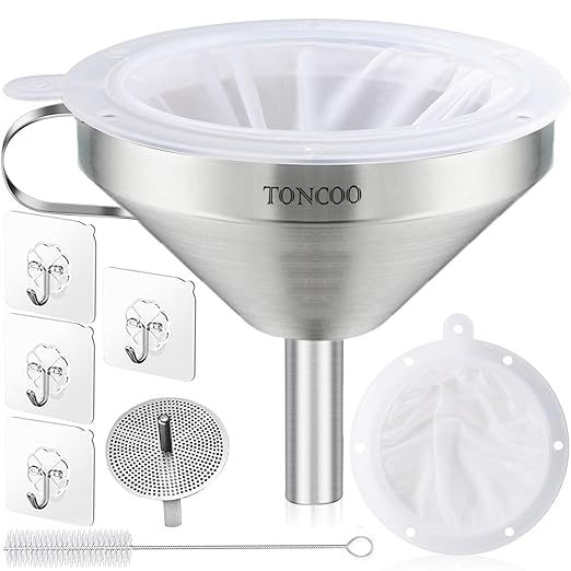 5 Inch Stainless Steel Funnel with Strainer and 200 Fine Mesh Filter, Food Grade Metal Funnel, Cooking Oil Filter, Oil Strainer for Deep Fryer, Milk Strainer, Funnels for Kitchen Use Filling Bottles
