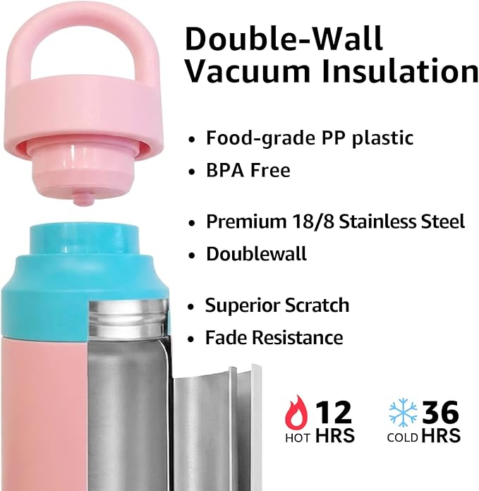 Pink Stainless Steel Water Bottle Insulated 20 oz Tumbler with Handle,Leak Proof Travel Bottles,Water Cup with Lids