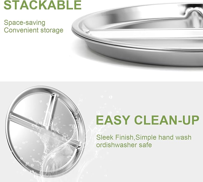 4pcs 304 Stainless Steel Kids Plates，9"Non-Toxic Circular Portion Control Plate，Suitable For Children To Use,Portion Plates For Weight Loss Adults，Reusable, Non-Toxic, Anti Drop, And Dishwasher Safe