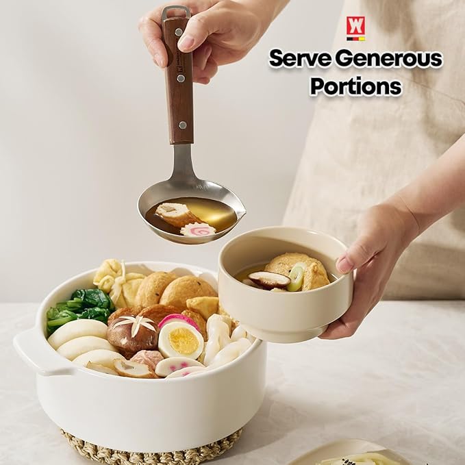 7.87" x 3.94" Short Ladle with Wooden Handle & Spout, SUS304 Stainless Steel Head, Ergonomic & Durable Design, Ideal for Serving Soup, Stews & Sauces, Comfortable Grip