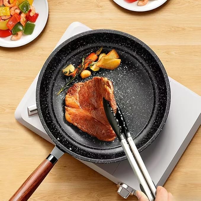 Non-stick frying pan, granite-coated skillet, lightweight egg pan, chef's frying pan,Fried eggs don't stick to the pan， wooden handle (10 inches)