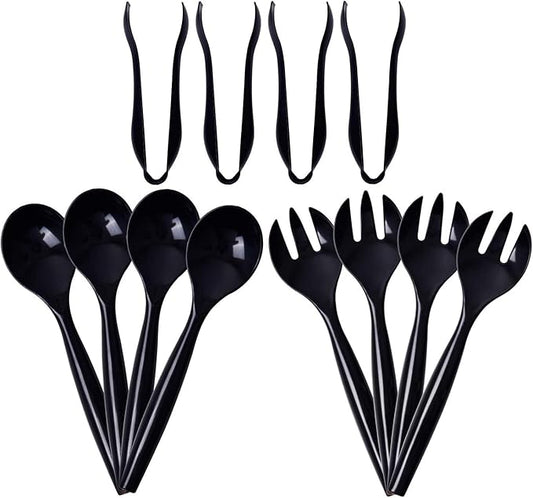 Supernal 72pcs Plastic Serving Utensils Heavy Duty Disposable Serving Tongs Black Disposable Serving Set 10" Spoons 10" Forks 6" Tongs Each 24pcs