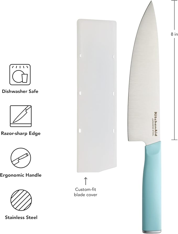 KitchenAid Classic Chef Knife with Custom-Fit Blade Cover, Sharp Kitchen Knife, High-Carbon Japanese Stainless Steel Blade, 8 Inch, Blue
