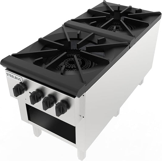 2 Burner Commercial Stock Pot Range with Storage Cabinet, Heavy Duty Gas Stove with 4 Cast Iron Burners, 180000 BTU, Stainless Steel Body, Natural Gas/Propane, 3/4" NPT