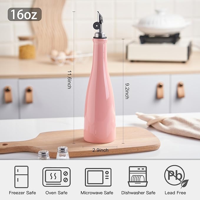 YOLIFE Olive Oil Dispenser Bottle, 16oz Ceramic Oil Dispenser for Kitchen, Oil Bottle with Gravity Spout, Leak Proof EVOO Dispensing Bottle with 2 Spouts and 1 Funnel for Vinegar, Juice(Pink)