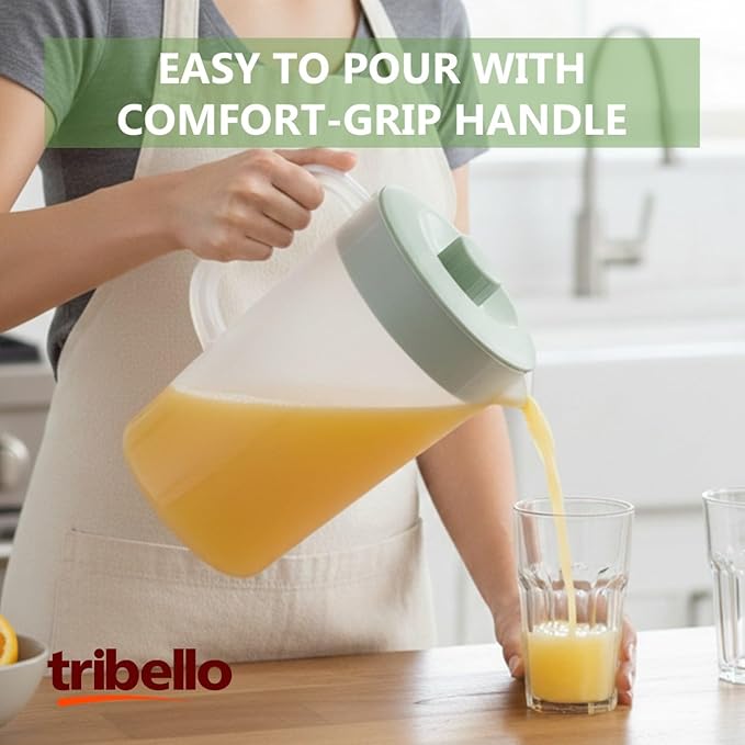 Tribello Water Pitcher with Lid 1 Gallon – Clear Round Plastic Pitcher Ice Tea & Juice Jug – Freezer & Dishwasher Safe, BPA & Phthalate Free – Sage Green