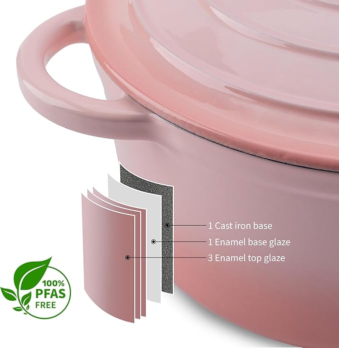 5.5QT Enameled Cast Iron Dutch Oven Pot with Lid,Heavy-Duty Cookware for Sourdough Bread Baking,Braising,Stews,Roasting,Oven Safe up to 500°F,pink