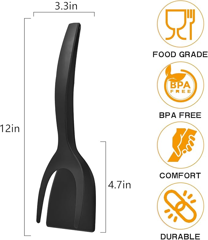 Egg Flipper Spatula Tongs 2 PCS Spatula for Non Stick Frying Pan 2 in 1 Grip & Flip Kitchen Tongs, High Heat Resistant BPA Free Cooking Utensils, Ideal Cookware for Pancakes, Fish, Eggs, Toast (black)