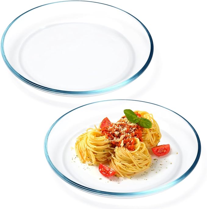 NUTRIUPS 2 Pack 9 inch Glass Plates - with Lipped Edge - Clear Tempered Glass Dinner Plates, Glass Serving Dinnerware for Pasta, Salad, Dishwasher and Microwave Safe