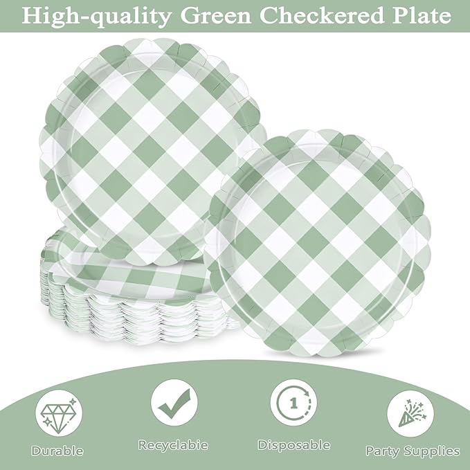 48 Pcs 7" Green Gingham Paper Plates Light Green & White Scalloped Checkered Party Plates, Pastel Plaid Dessert Table Supplies for BBQ Gathering Picnic Baby Shower Birthday Dinner Party Tableware