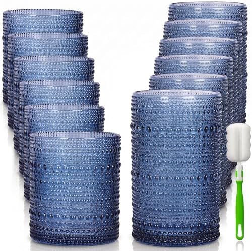 Hobnail Drinking Glasses Set of 12 Kitchen Glass Cups Glassware, Blue