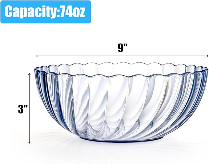 Fasmov 4 Pack Plastic Serving Bowls, Plastic Salad Mixing Bowls, 74oz Break Resistant Plastic Bowls for Salad, Fruit, Popcorn, Chip and Dip, Multicolor