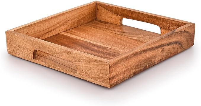 Samhita Acacia Wood Serving Tray with Handles,Wooden Serving Tray, Snack Tray, Breakfast Tray, Great for, Breakfast, Coffee |Size- 10" x 10" x 1.75"