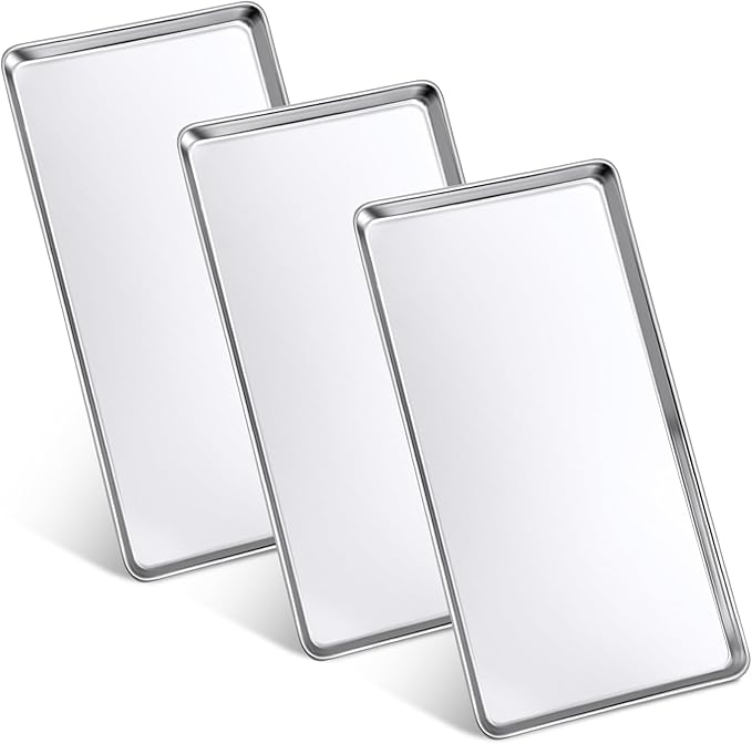 3 Pcs Baking Sheet Pan Set Stainless Steel Cookie Sheet Small Toaster Oven Pans Tray Barbecue Grill Pan Rectangle Trays Oven Freezer Bakery, Non-stick, Easy Clean, 13.8 × 9.8 × 0.6 Inches