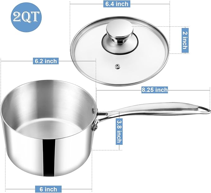 TeamFar 2qt Saucepan with Lid, Stainless Steel Tri-Ply Sauce Milk Pan Small Cooking Pot with Ergonomic Handle, for Induction/Gas/Electric/Ceramic, Non-toxic & Healthy, Heavy Duty & Dishwasher Safe