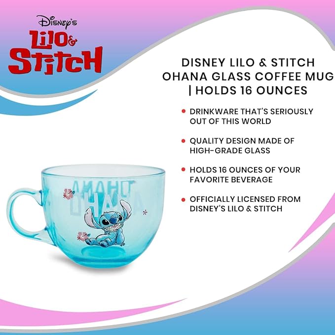 Disney Lilo & Stitch Ohana Glass Coffee Mug | Tropical Large Coffee Cup For Espresso, Caffeine, Beverages, Home & Kitchen Essentials | Cute Gifts and Collectibles | Holds 16 Ounces