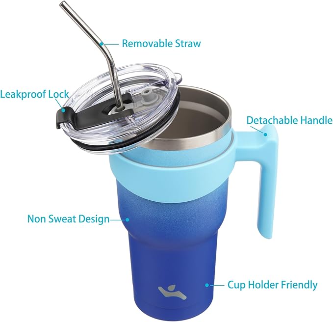 30 oz Tumbler with Handle and 2 Straw 2 Lid, Insulated Water Bottle Stainless Steel Vacuum Cup Reusable Travel Mug,Sky