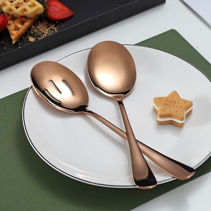 Rose Gold Serving Spoons 4 Pieces, Kyraton Titanium Plating Serving Spoon, Include 2 Serving Spoon And 2 Slotted Spoons, Stainless Steel Serving Utensils, Serving Set Packing of 4