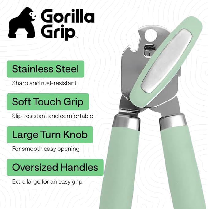 GORILLA GRIP Heavy Duty Stainless Steel Smooth Edge Manual Can Opener and Bottle Openers, Soft Comfortable Handle, Oversized Handheld Turn Knob, US Designed Multifunctional Kitchen Tool, Mint