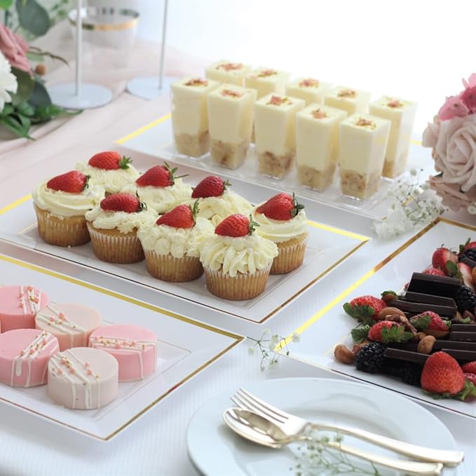 Elegant Plastic Serving Tray & Platter Set (6pk) - White & Gold Rim Disposable Serving Trays & Platters for Food - Weddings, Upscale Parties, Dessert Table, Cupcakes - 8 x 12.85 inches