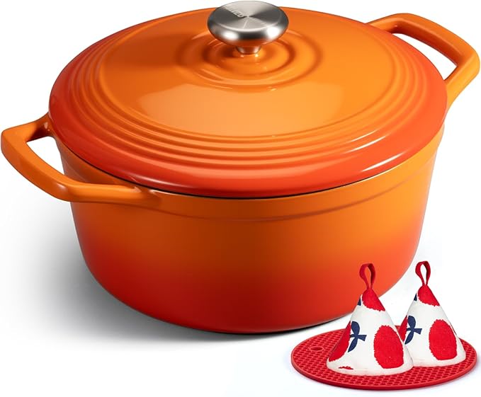 Overmont Enameled Cast Iron Dutch Oven - 5.5QT Pot with Wide Handles Lid Cookbook & Cotton Potholders - Heavy-Duty Pre-Seasoned Cookware Oven Safe to 500°F for Braising, Stews, Roasting, Bread Baking