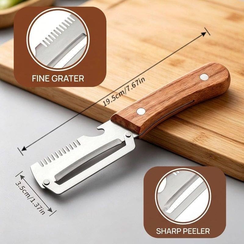 Multifunctional Vegetable Peeler,3 in 1 Stainless Steel Potato Peeler with Bottle Opener,Wooden Handle Fruit&Veggie Peeler for Kitchen,Carrot Apple Peeling Tool, GreenOnion Shredder Kitchen Gadget,1PC