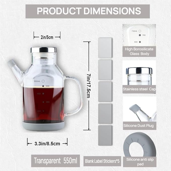 High Borosilicate Glass Oil Bottle-Olive Oil Dispenser for Kitchen-Soy Sauce and Vinegar Dispenser Bottle- Cooking Container Cruet-Oil Dispensing Bottles (Transparent, Small/550ml)