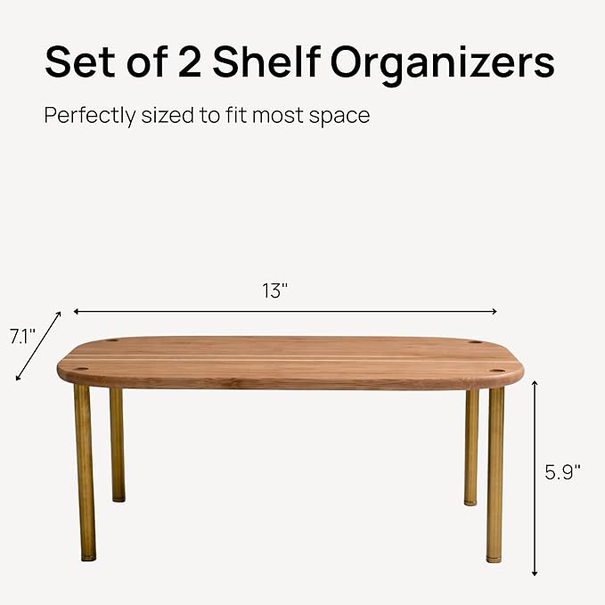 Ibyx Premium Kitchen Cabinet Organizer Shelf - Set of 2 Kitchen Counter Shelves - Stackable Shelf Racks for Cabinets - Bamboo Top with Metal Legs (Brown)