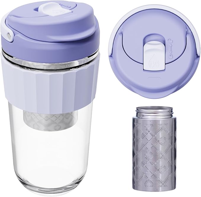 Leak-proof Glass Coffee Mug with Lock Lid, 17oz Reusable Coffee Cup with Stainless Steel Filter, Travel Tea and Fruit Infuser with Handle, BPA-free, Dishwasher Safe (Lavender)