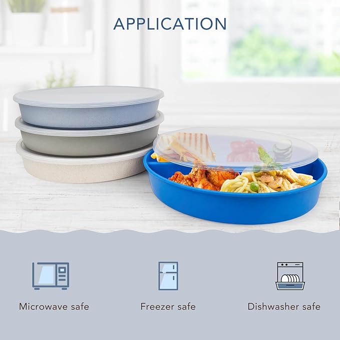 greenandlife 9 Inch 4PCS Divided Plates with Lids, Portion Control Plates for Kids Adults, Dishwasher Microwave Safe Compartment Plate, Unbreakable Lightweight Reusable Wheat Straw Plate, Blue